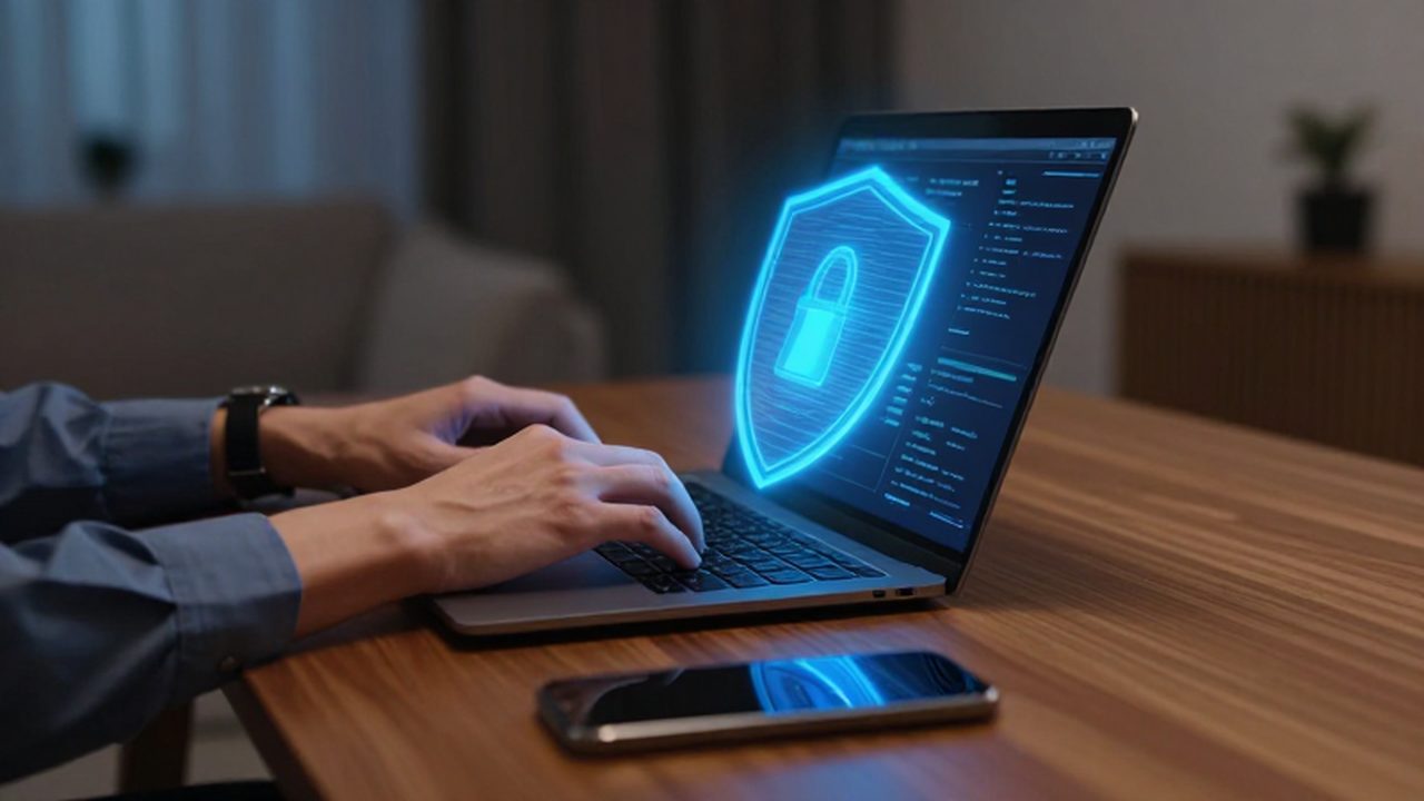 Persona escribiendo en un portátil en una oficina oscura con un escudo holográfico azul de seguridad.