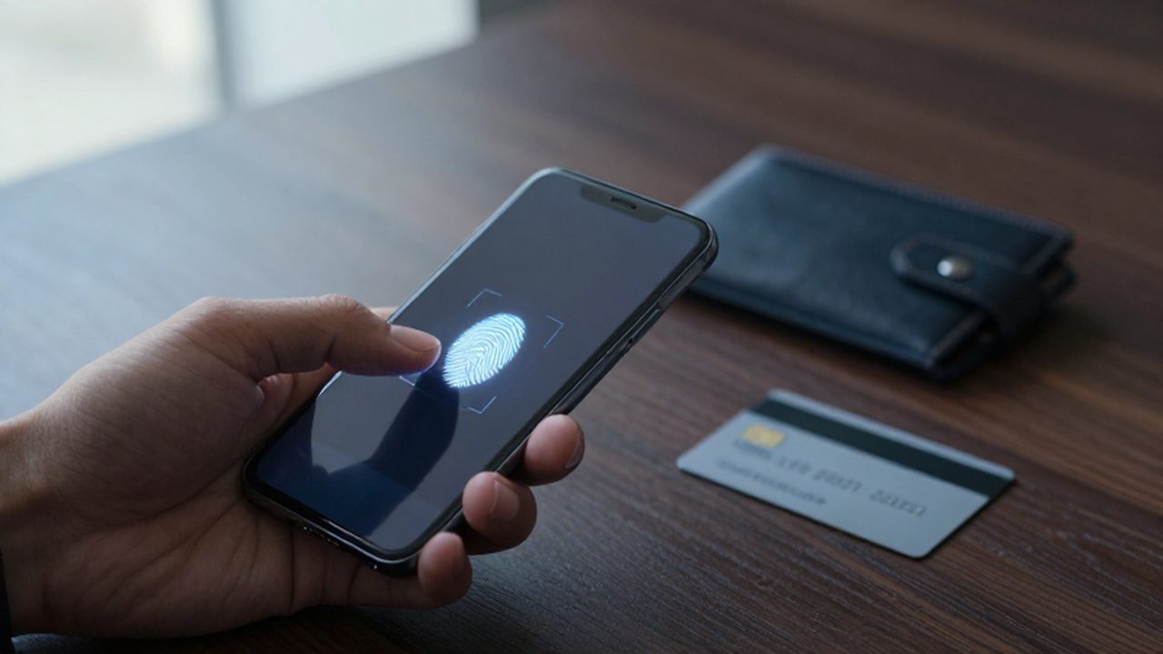 Un pulgar activa el escáner de huellas en un smartphone junto a una cartera y una tarjeta.