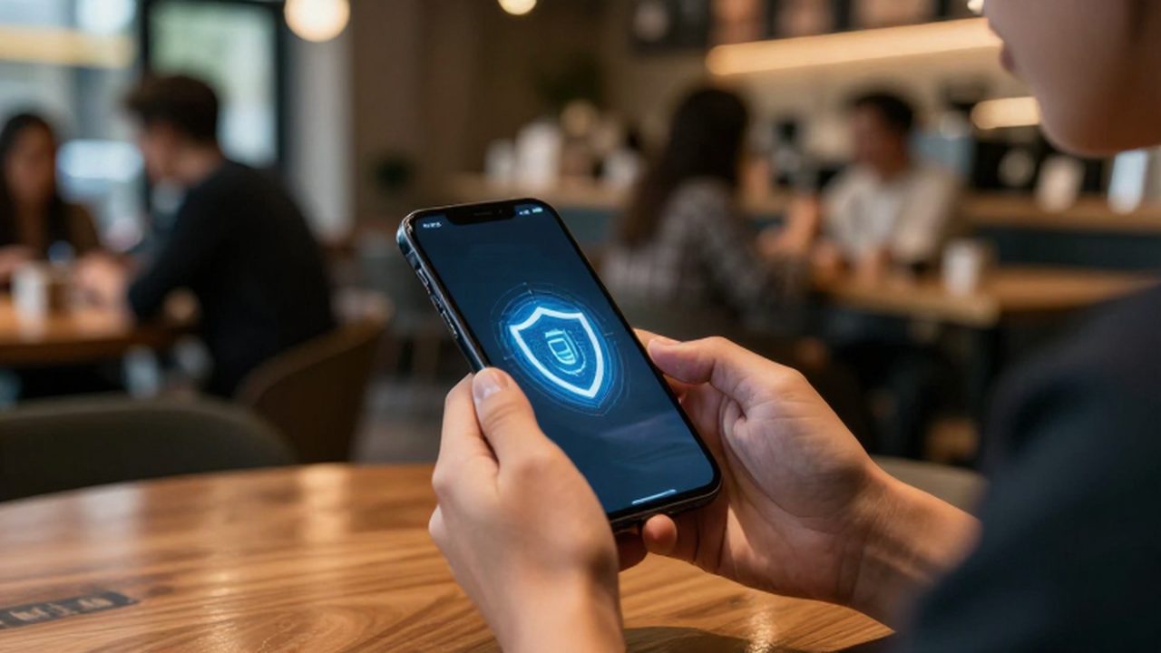 Manos sosteniendo un smartphone con un icono de escudo digital en una cafetería iluminada.