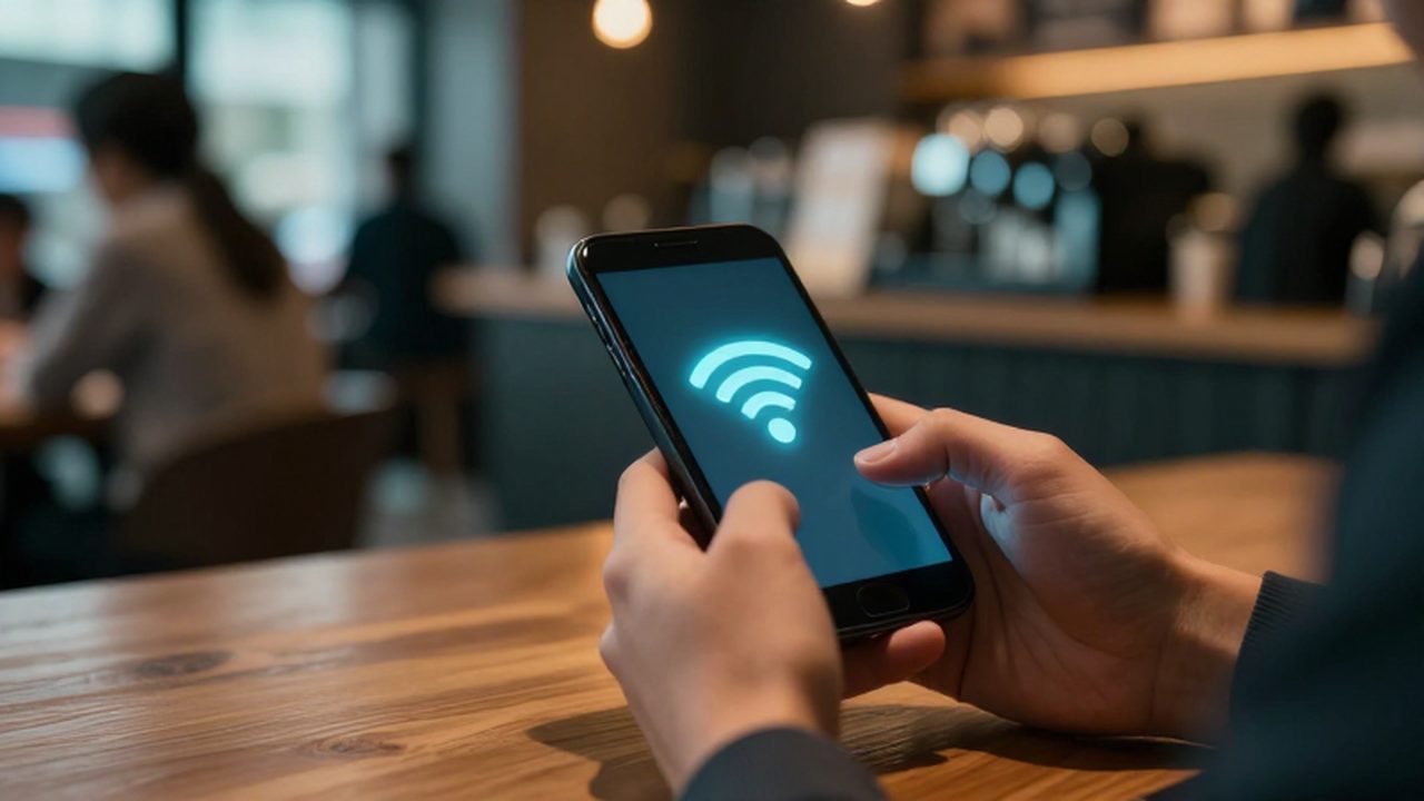 Manos sosteniendo un smartphone con el símbolo de Wi-Fi en una cafetería concurrida.