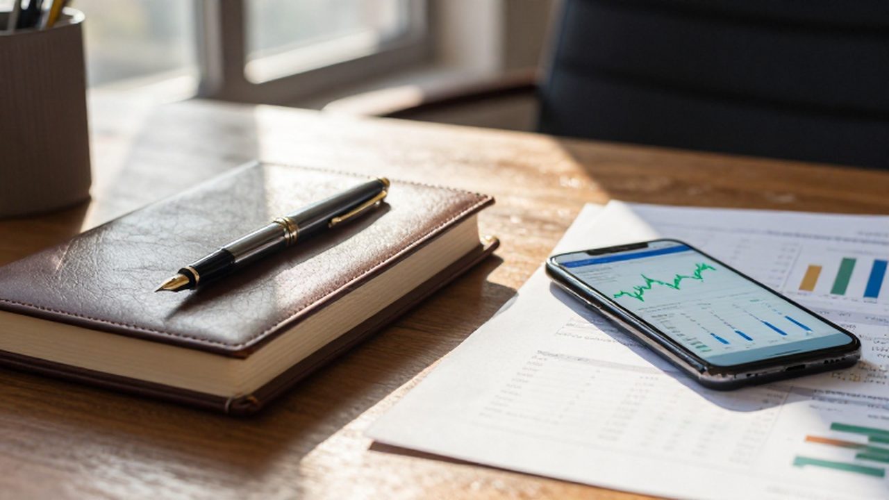 Escritorio de madera con un diario financiero, una pluma elegante y un smartphone con gráficos de inversión.