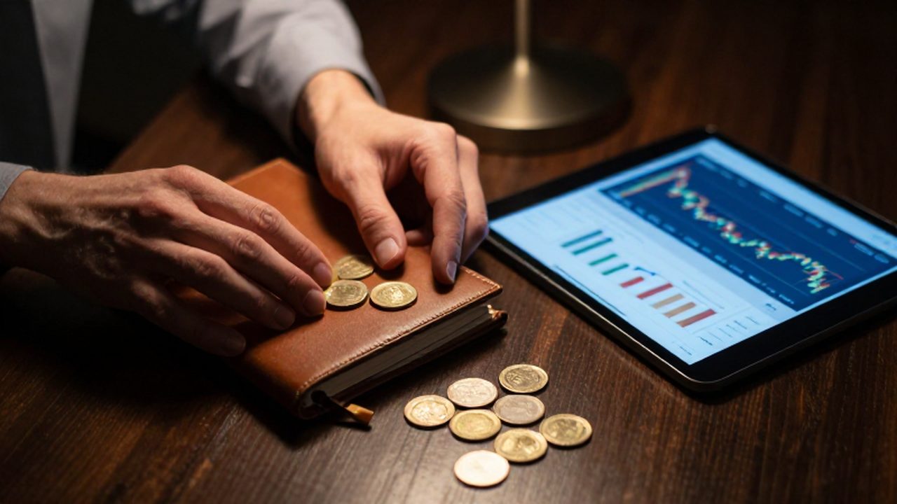 Manos organizando monedas de oro y un libro de contabilidad junto a una tablet con gráficos financieros.