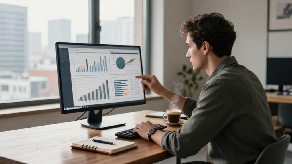 Hombre analizando gráficos financieros en un monitor dentro de una oficina moderna y luminosa.