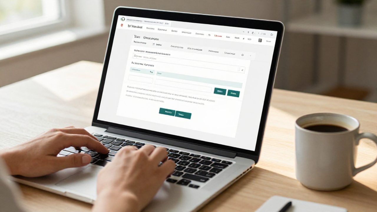 Manos tecleando en una computadora portátil que muestra un portal de trámites fiscales.