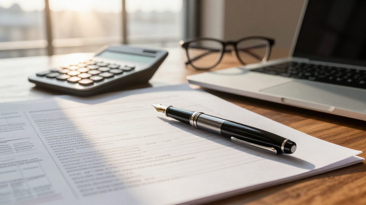 Pluma estilográfica sobre documentos financieros y formularios de impuestos junto a un ordenador y gafas.