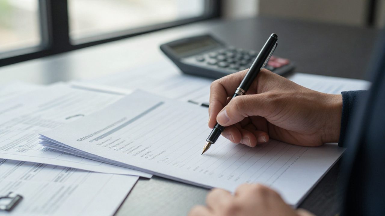 Una mano marca una lista de tareas con una pluma junto a documentos contables.