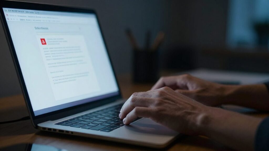Manos sobre un teclado frente a un monitor que muestra un correo electrónico con una advertencia de seguridad.