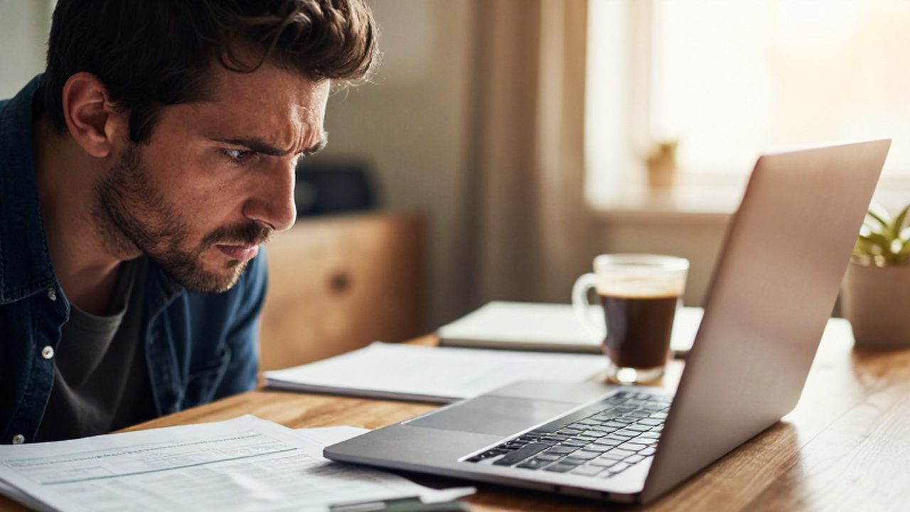 Hombre concentrado trabajando con formularios de impuestos y una calculadora en un escritorio de madera.