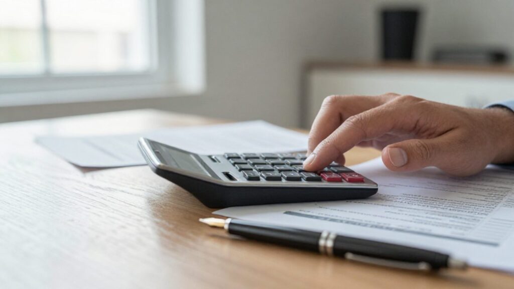 Manos utilizando una calculadora metálica junto a documentos financieros y una pluma estilográfica.