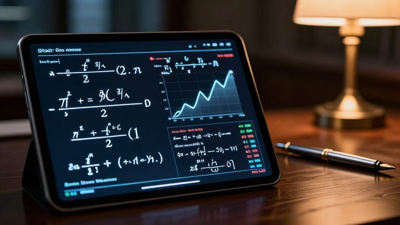 Tablet de cristal con fórmulas matemáticas financieras sobre un escritorio de madera con una pluma plateada.