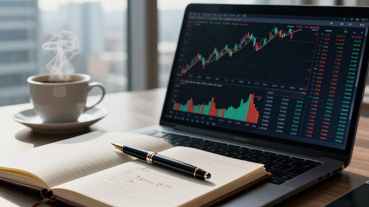 Laptop con gráficos financieros junto a una libreta con fórmulas, una pluma y café.