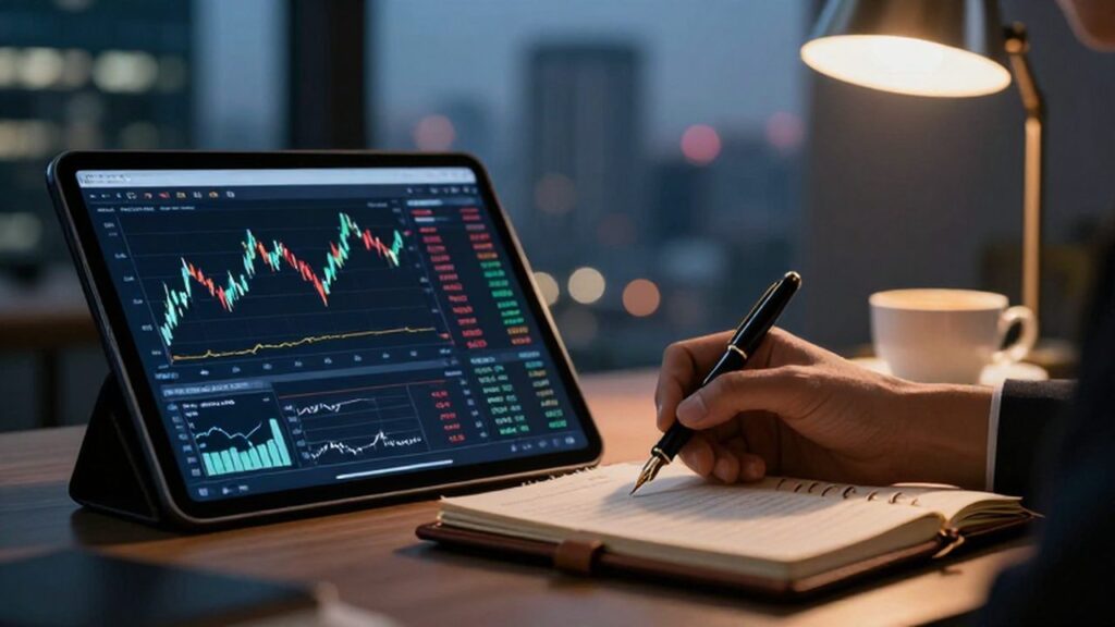 Escritorio financiero con una tableta de gráficos bursátiles