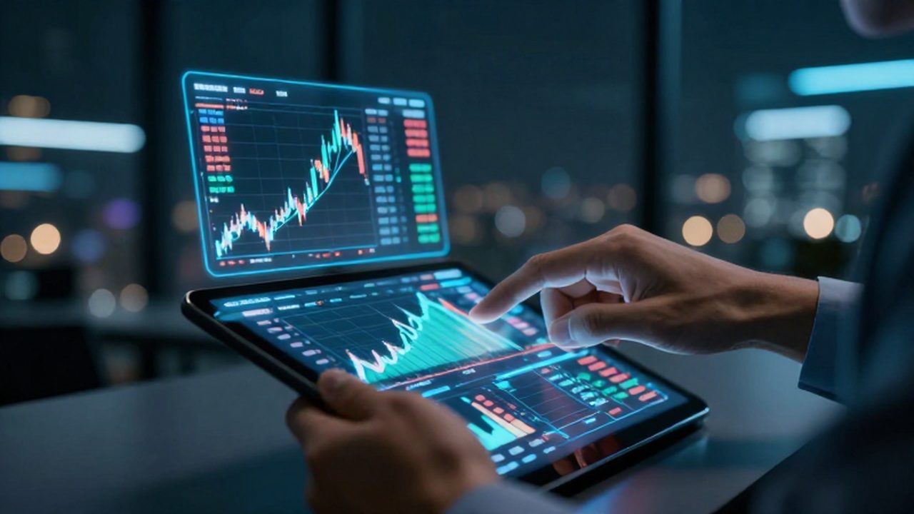 Manos de un trader interactuando con gráficos financieros holográficos sobre una tableta de cristal.