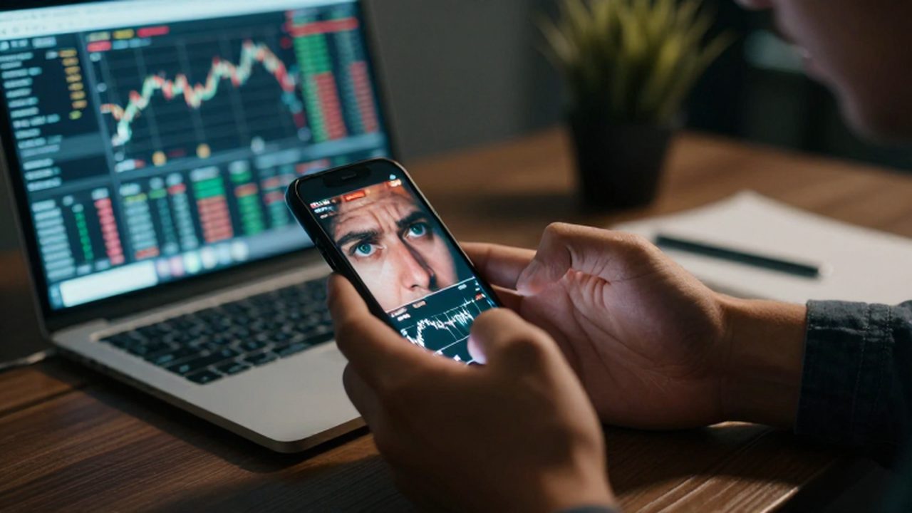 Manos nerviosas de un inversor sujetando un móvil con gráficos financieros en una oficina oscura.