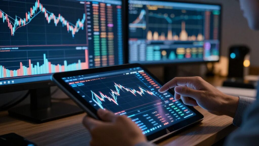 Manos de un trader operando gráficos financieros luminosos en una tableta en un estudio nocturno.