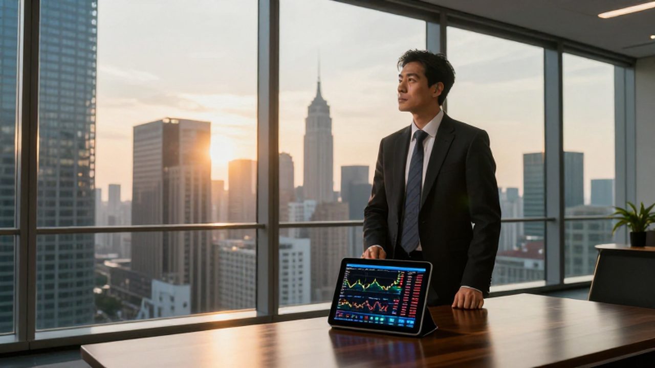 Estratega financiero pensativo frente a un ventanal con vistas a la ciudad durante el atardecer.