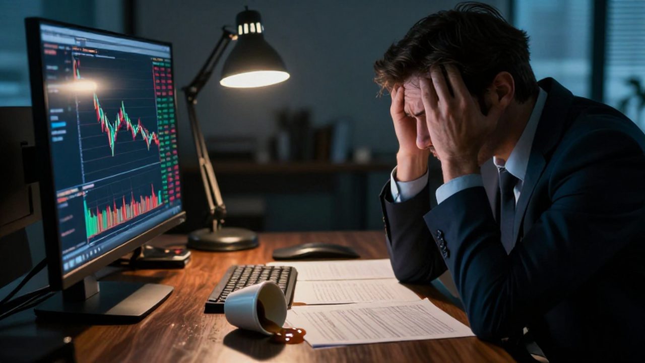 Profesional financiero estresado frente a un monitor con gráficos bursátiles y un café derramado.