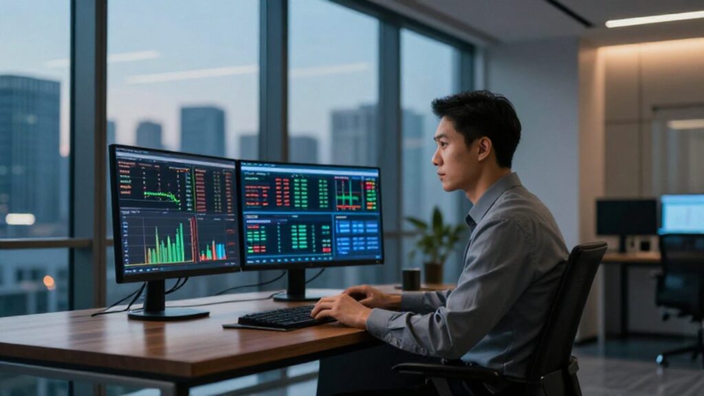 Inversionista analizando gráficos financieros en pantallas digitales dentro de una oficina moderna frente a la ciudad.