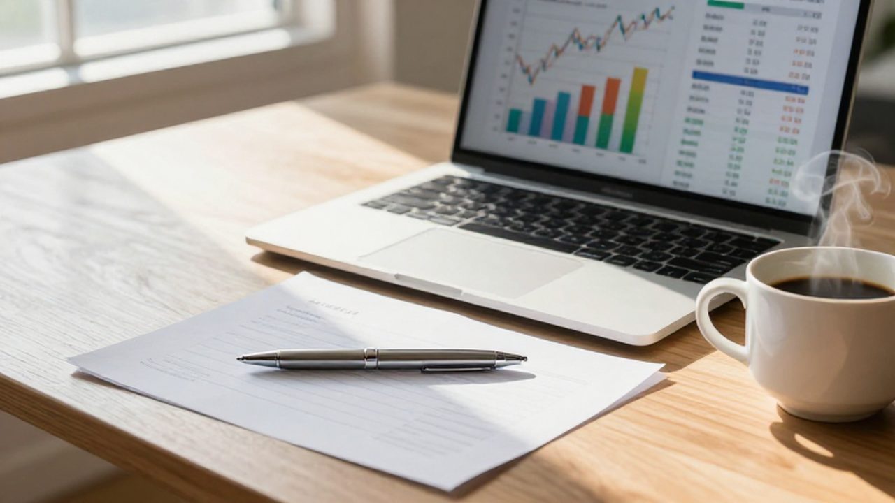 Laptop con gráficos financieros sobre un escritorio de madera junto a un café y documentos.