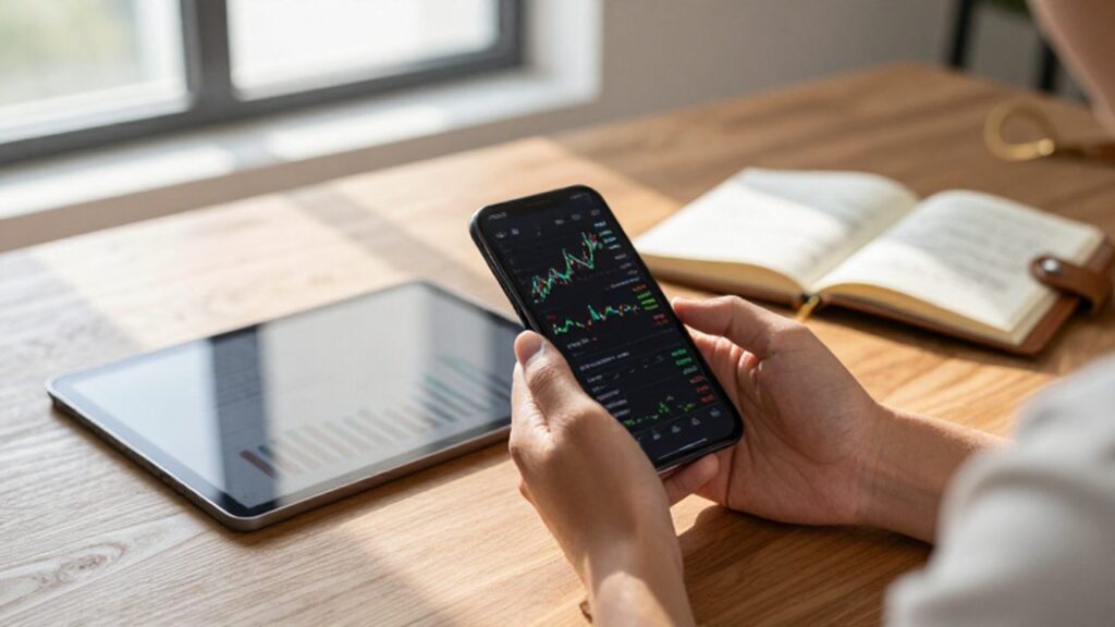 Manos sosteniendo un smartphone con gráficos financieros junto a una tableta y un cuaderno sobre un escritorio.