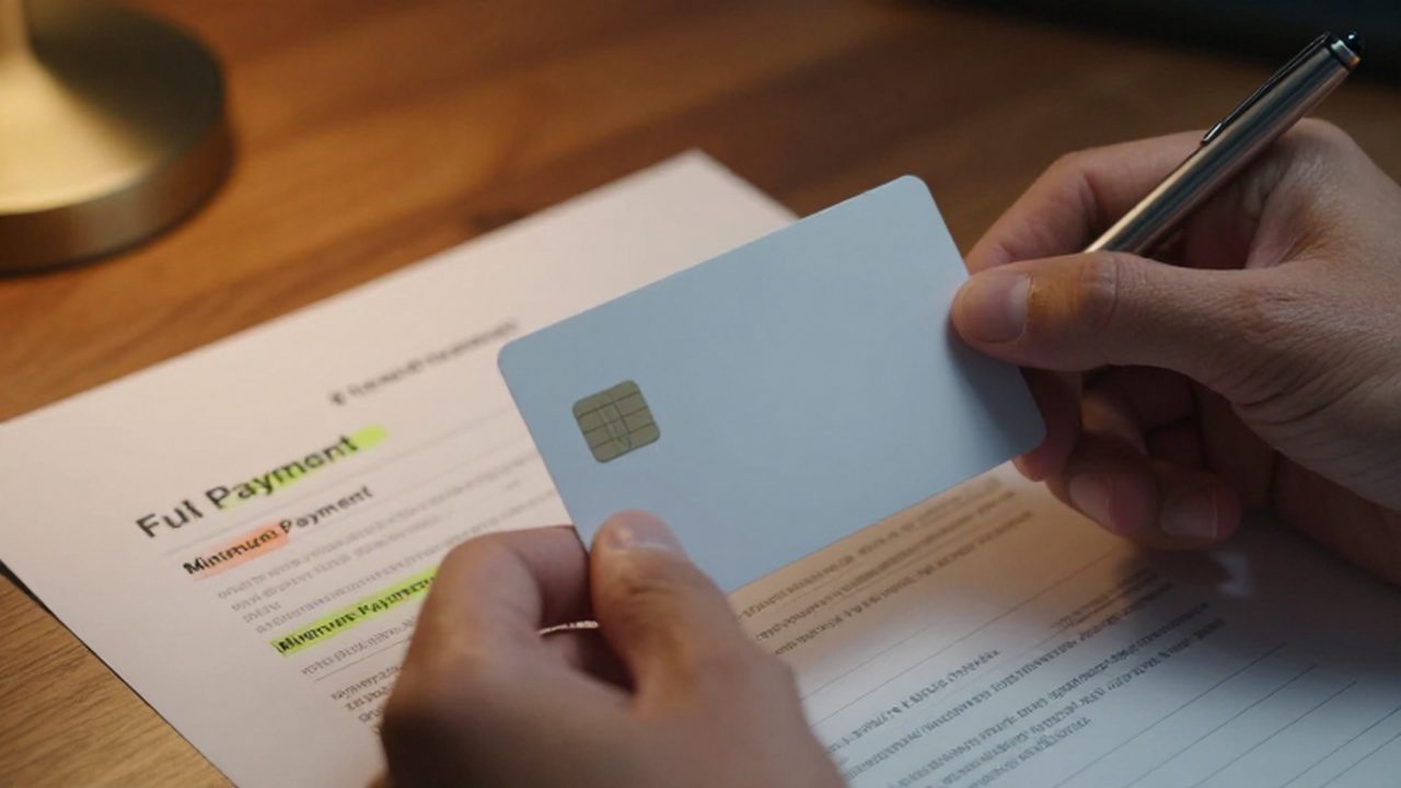 Manos sujetando un estado de cuenta de tarjeta de crédito con un bolígrafo sobre un escritorio.