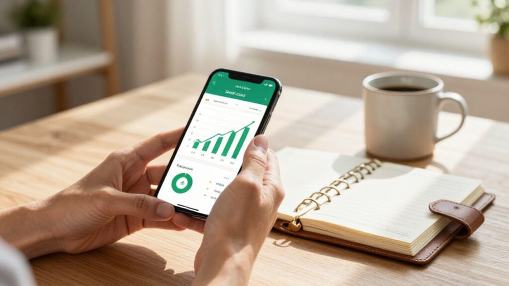 Manos sosteniendo un smartphone que muestra un gráfico de crédito ascendente sobre un escritorio organizado.