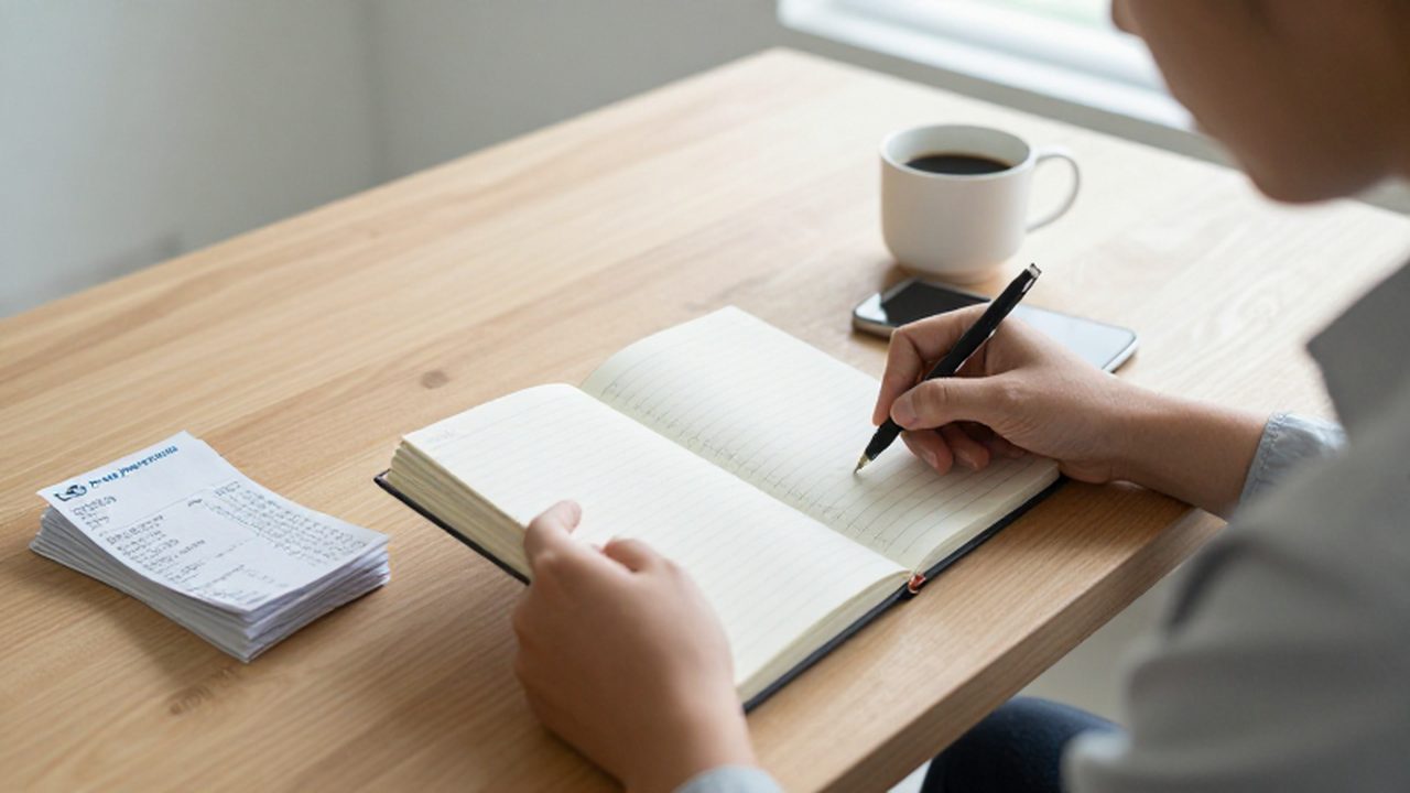 Persona revisando un planificador de presupuesto y recibos junto a un café en un escritorio ordenado.