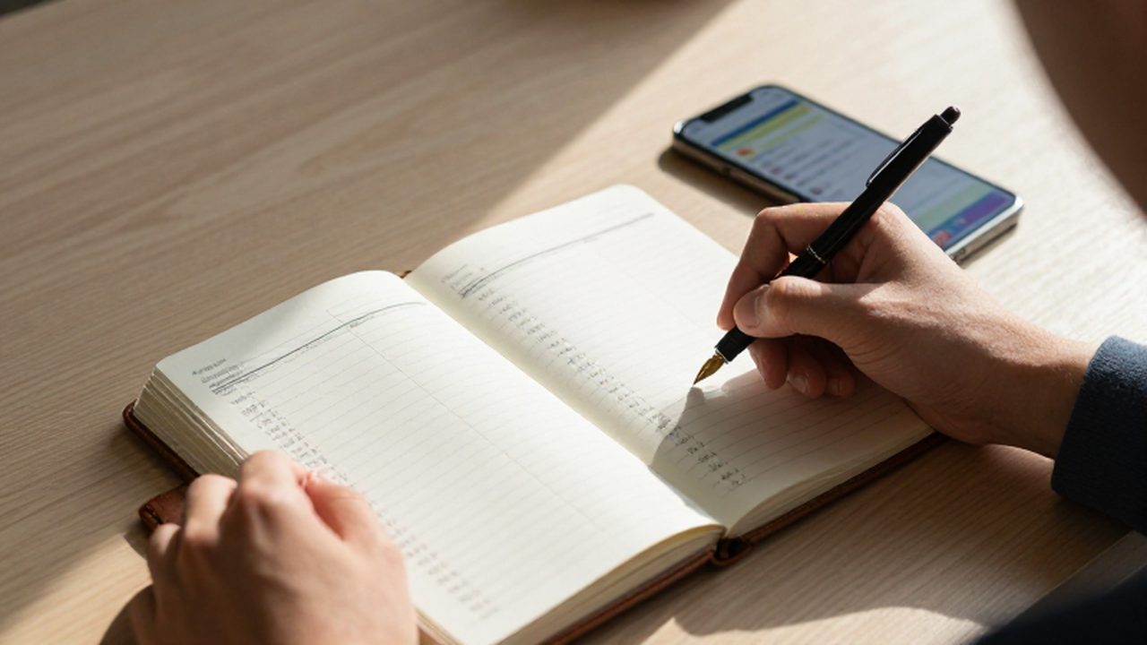 Manos escribiendo con una pluma en un planificador mensual junto a un smartphone.
