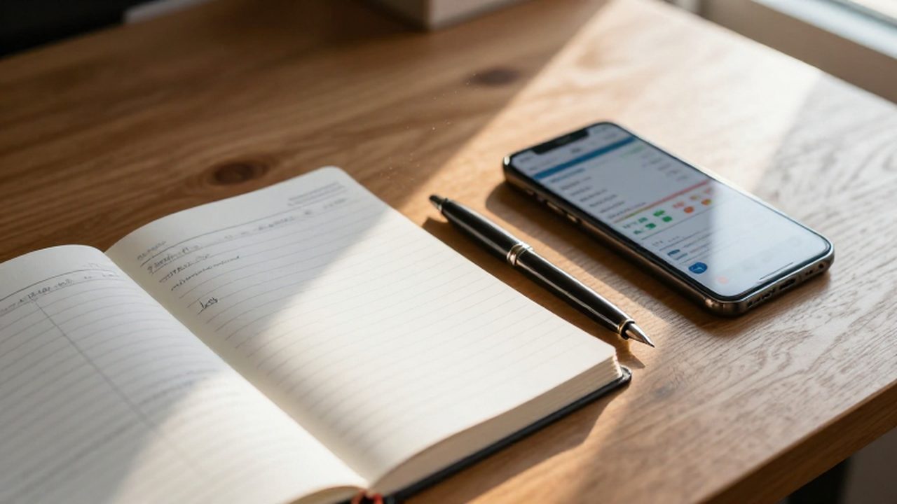 Libro de contabilidad manuscrito junto a un smartphone con una aplicación de gastos sobre un escritorio de madera.