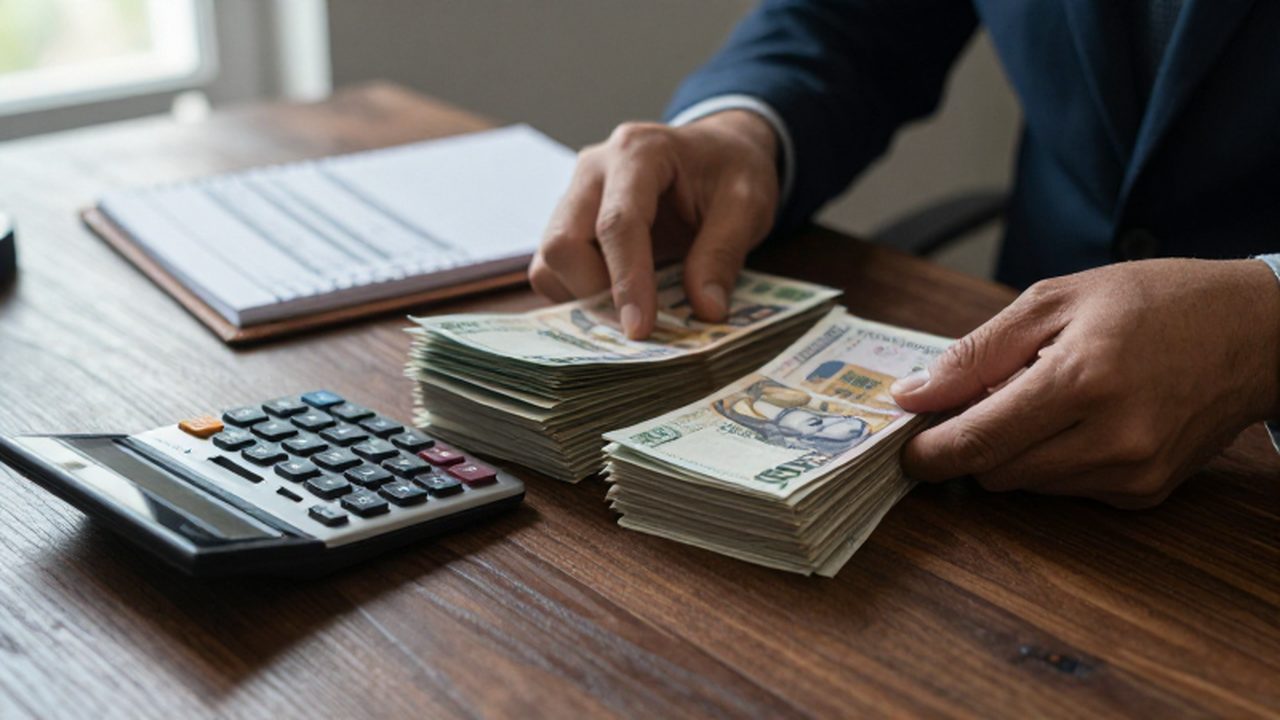 Manos ordenando fajos de billetes junto a una calculadora sobre un escritorio de madera.
