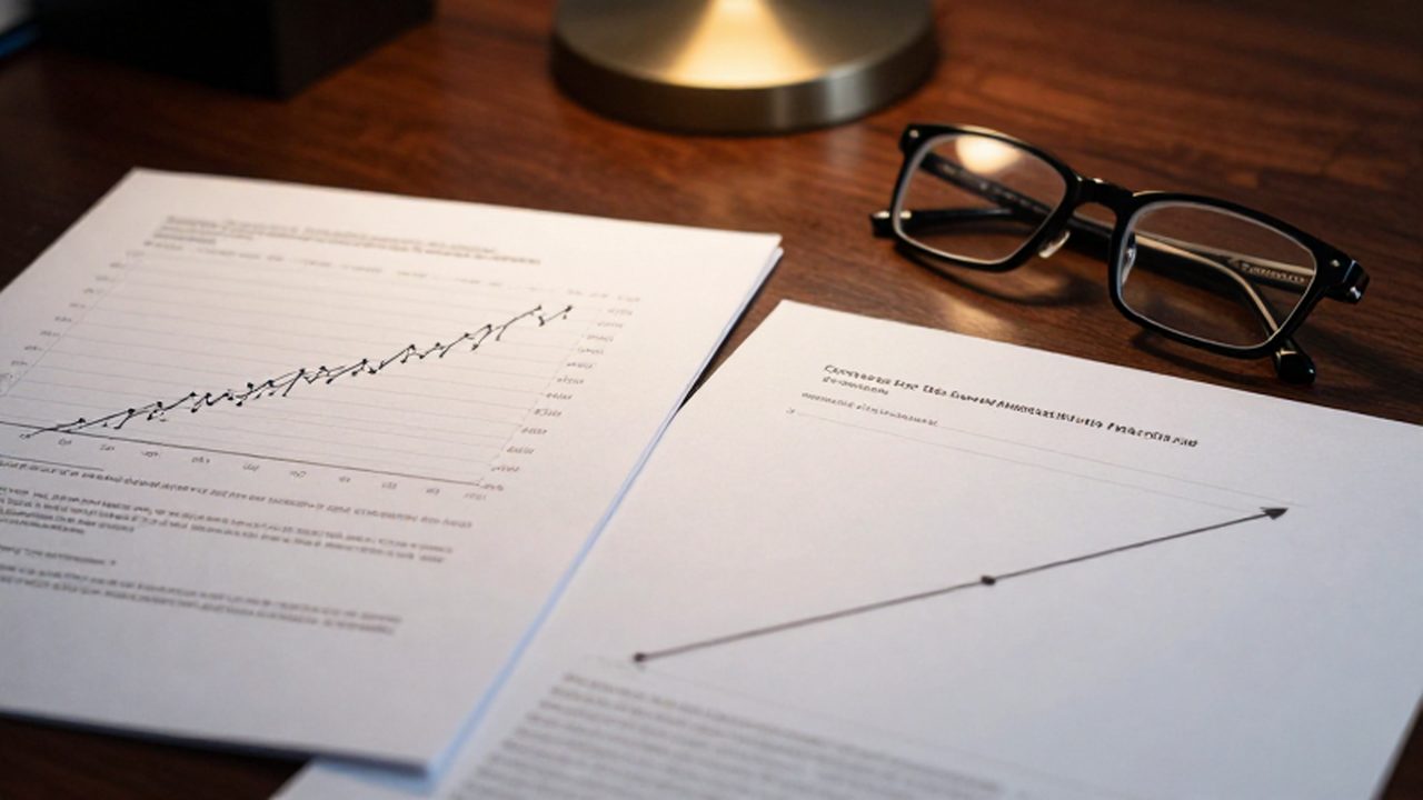 Dos documentos financieros con diferentes gráficas de rendimiento sobre un escritorio de madera oscura.