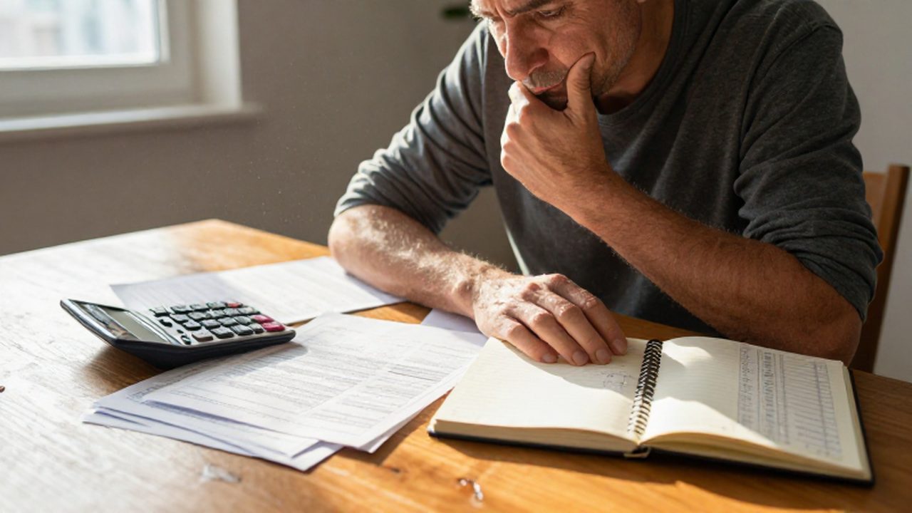 Hombre de mediana edad con expresión pensativa revisando documentos financieros y una calculadora sobre una mesa.