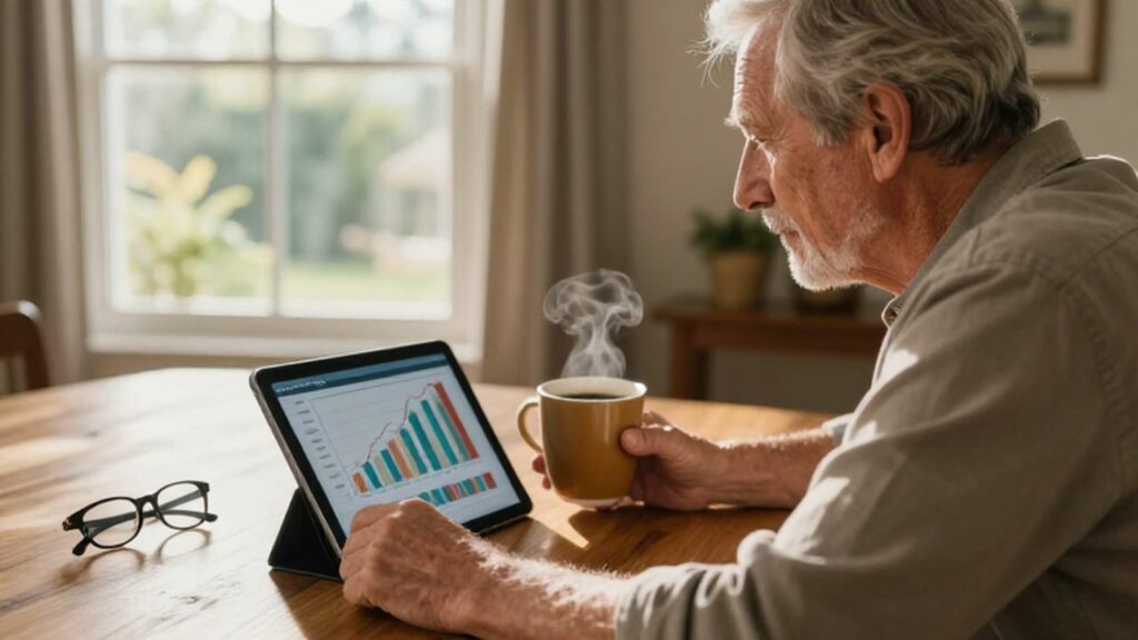 Hombre mayor observa con atención gráficos de crecimiento financiero en una tableta durante la mañana.