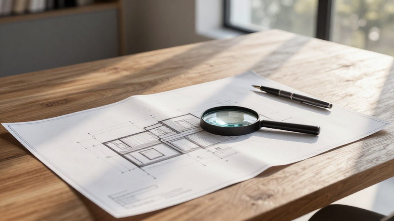 Plano arquitectónico de una casa moderna sobre un escritorio de madera con una lupa y una pluma.
