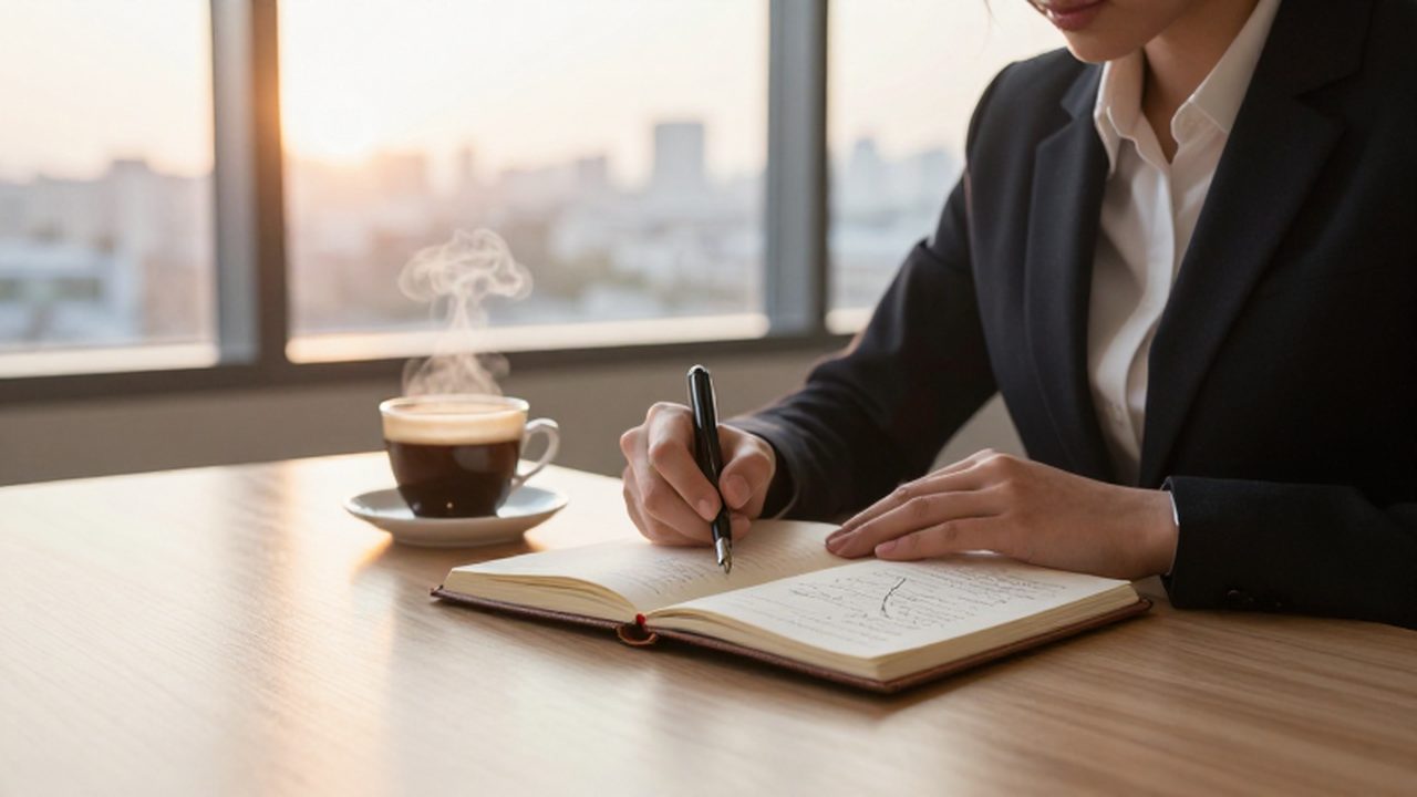 Profesional sentado frente a un escritorio con un diario abierto, café y luz de amanecer.