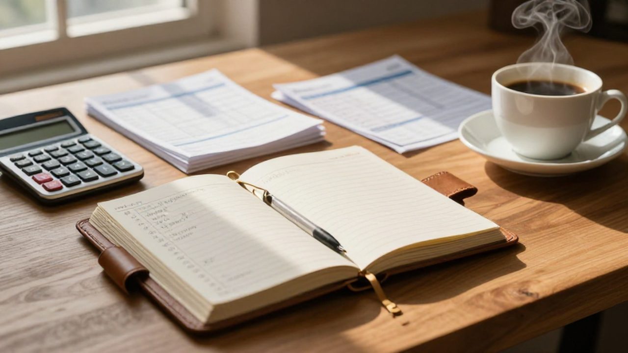 Escritorio de madera con una agenda abierta, facturas, calculadora y una taza de café caliente.