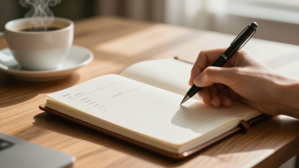 Manos escribiendo un presupuesto mensual en un cuaderno sobre un escritorio de madera.