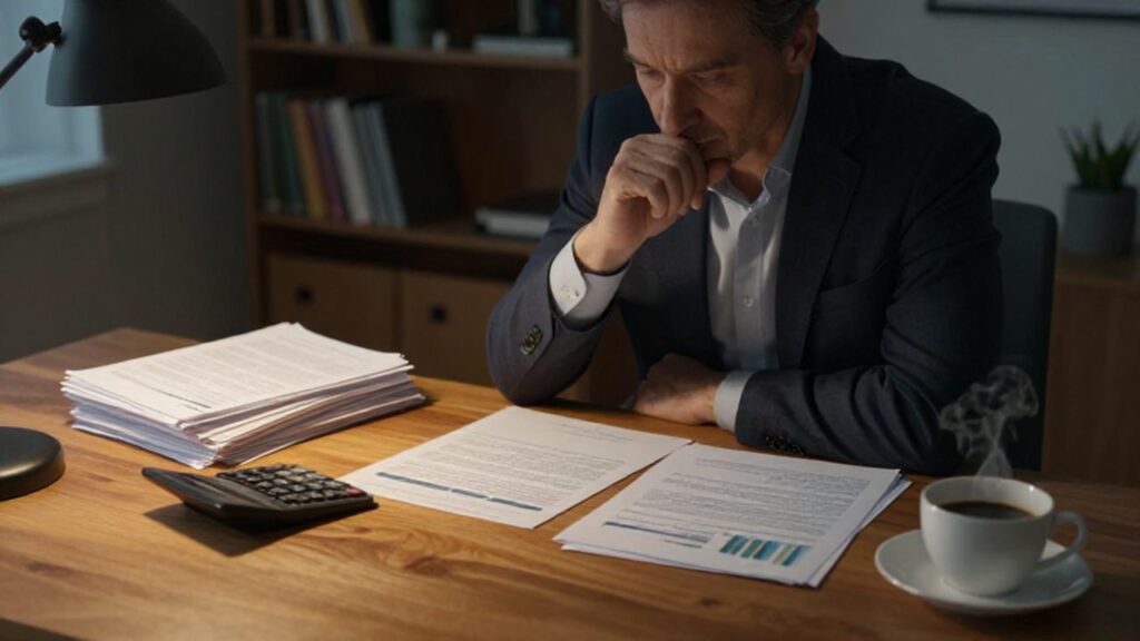 Profesional de mediana edad analizando documentos financieros frente a su escritorio en una oficina iluminada.