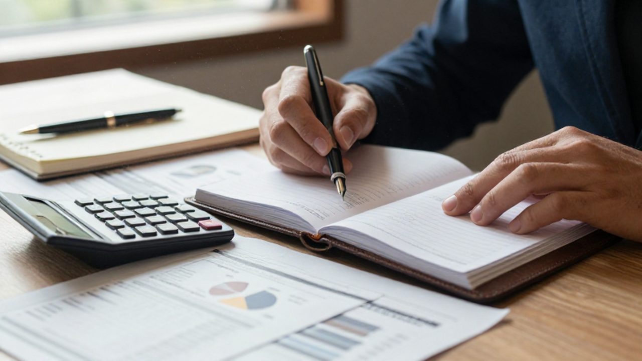 Manos organizando finanzas sobre un escritorio con una agenda de cuero, calculadora y estados de cuenta.