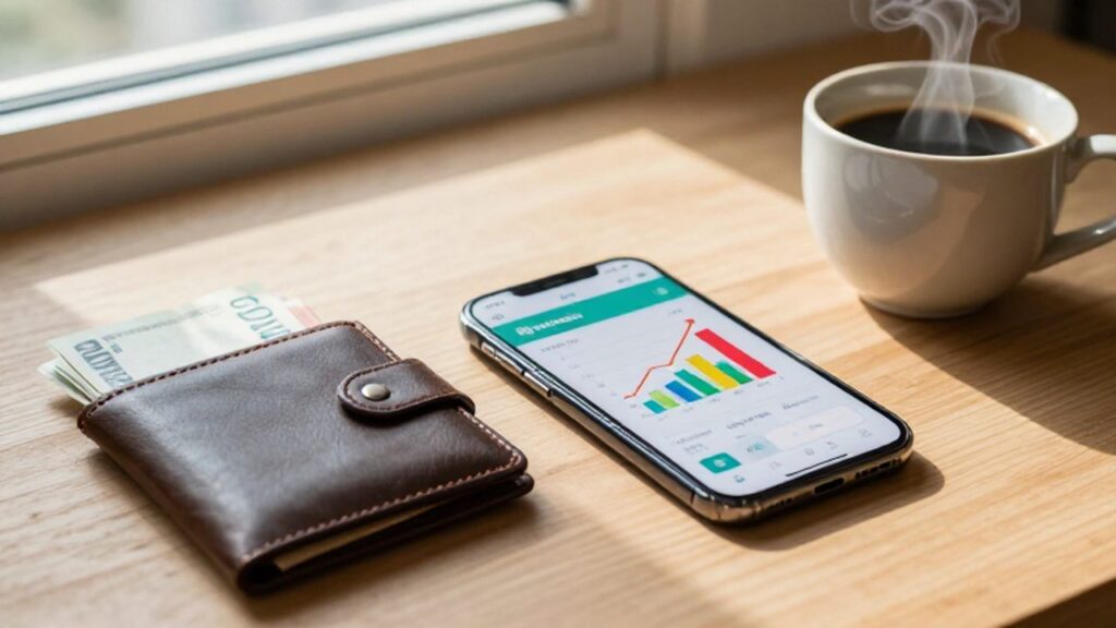 Smartphone con una aplicación de banca y gráficos sobre un escritorio con café y cartera.
