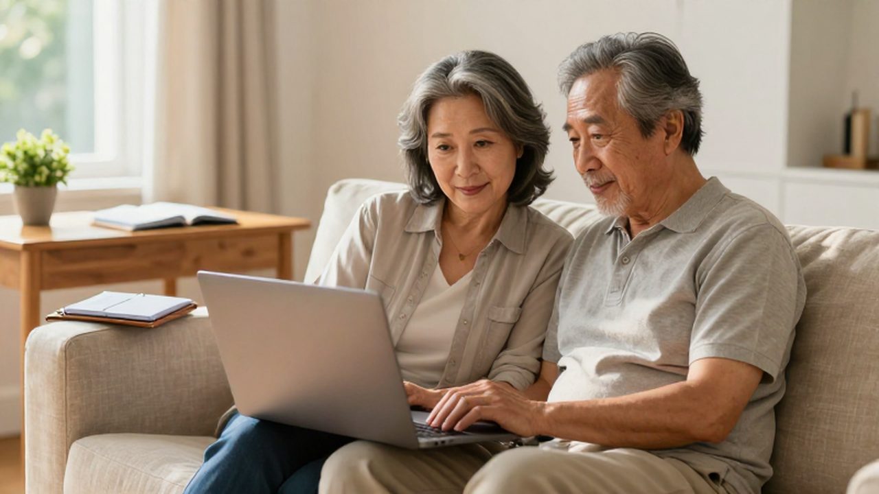 Pareja de adultos mayores sentada en un sofá mirando con calma la pantalla de un portátil.