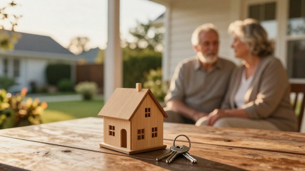 Pareja de ancianos sentada en un porche junto a una maqueta de casa y unas llaves.