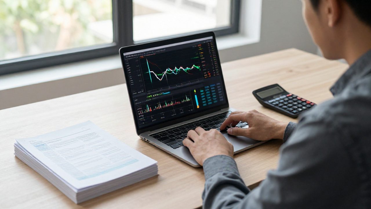 Hombre trabajando con gráficos de criptomonedas y documentos fiscales en un escritorio organizado.