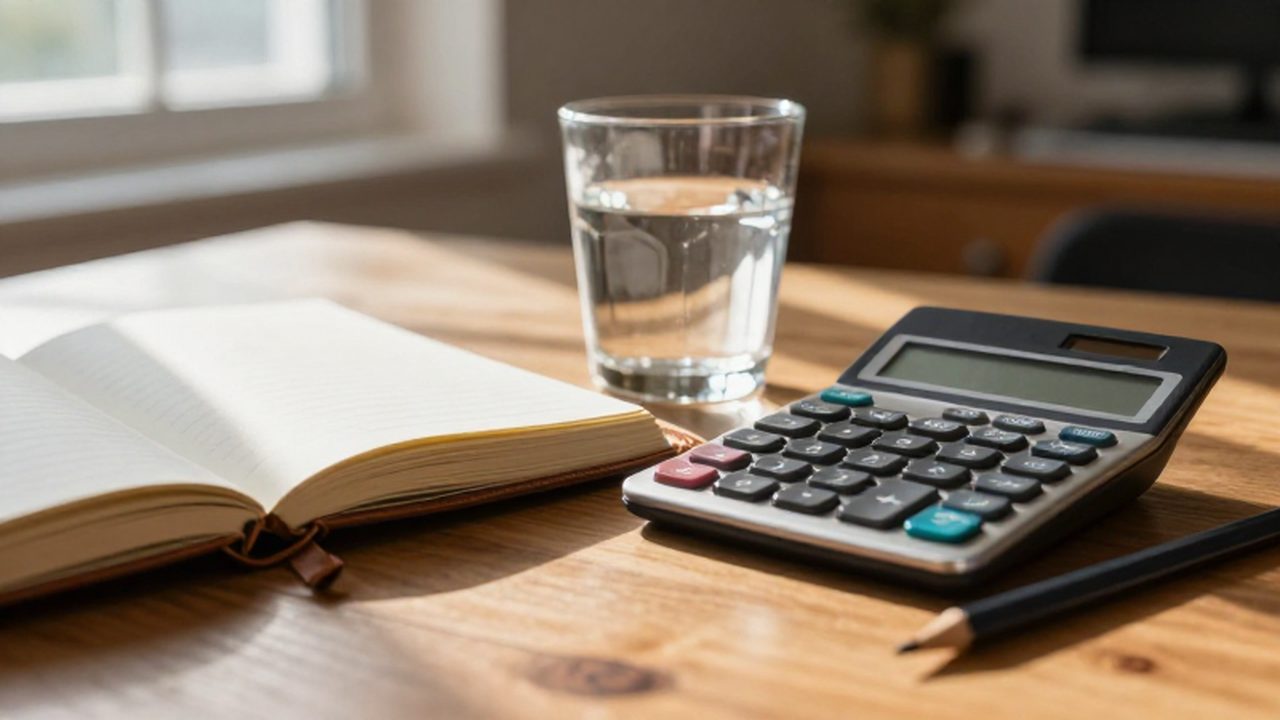 Cuaderno de cuero abierto y calculadora sobre un escritorio de madera con luz matutina.