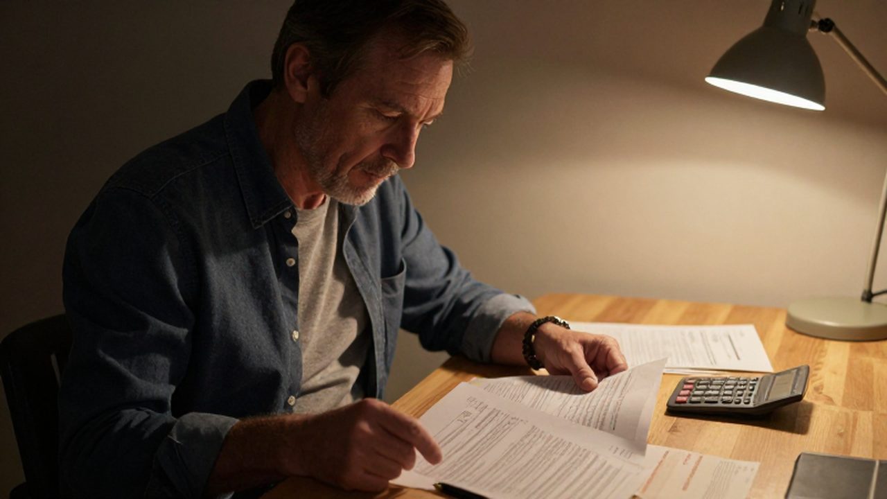 Hombre concentrado revisando documentos financieros y formularios de impuestos en un escritorio iluminado por una lámpara.