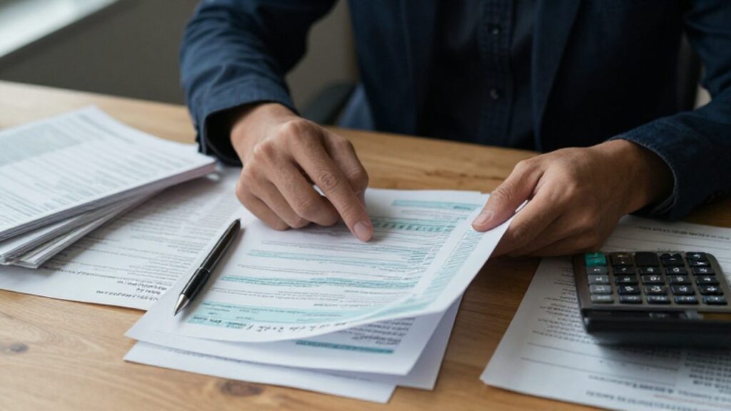 Manos preocupadas sobre un escritorio con formularios fiscales