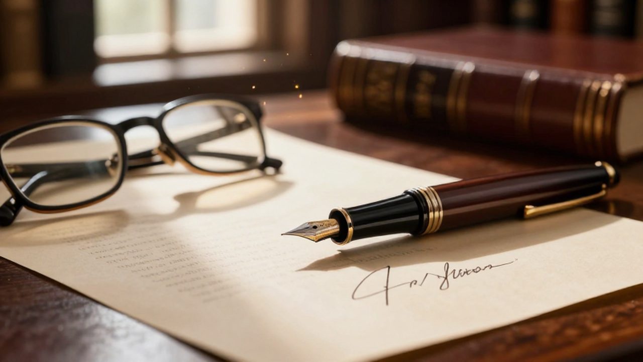 Pluma estilográfica sobre un documento firmado con gafas de lectura en un escritorio de madera.