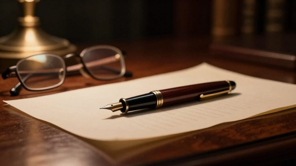 Pluma estilográfica sobre un pergamino de color crema junto a unas gafas de lectura en un escritorio de caoba.