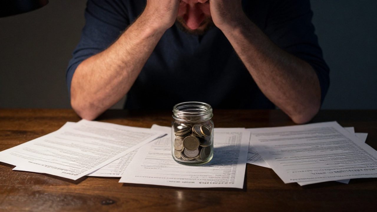 Hombre estresado frente a un escritorio lleno de facturas sin pagar y pocos ahorros.