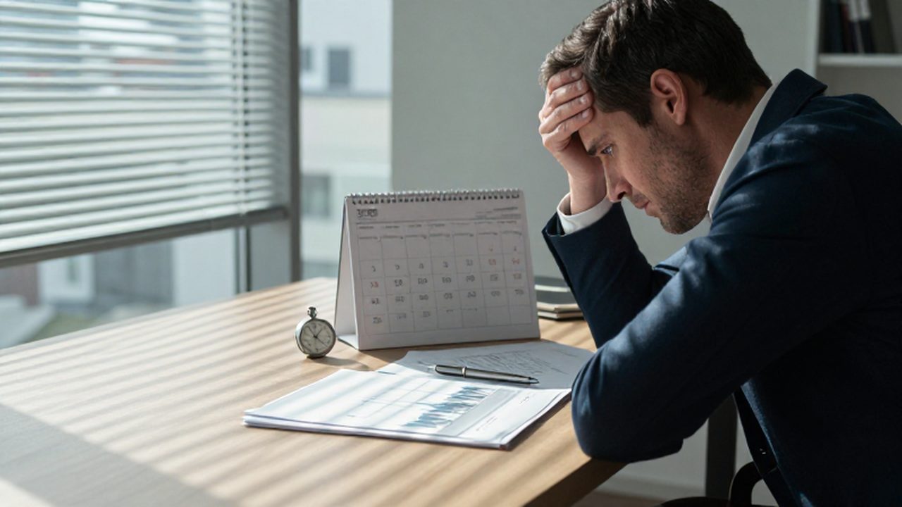 Profesional financiero estresado observando un calendario y un cronómetro sobre su escritorio de oficina.